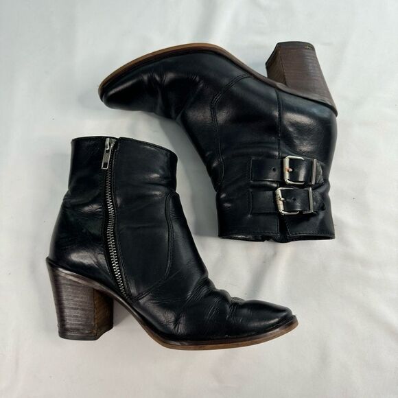 J Crew Dean Leather Ankle Boots Black Buckle Size 7 Block Heel Moto Boho Classic - Picture 7 of 7
